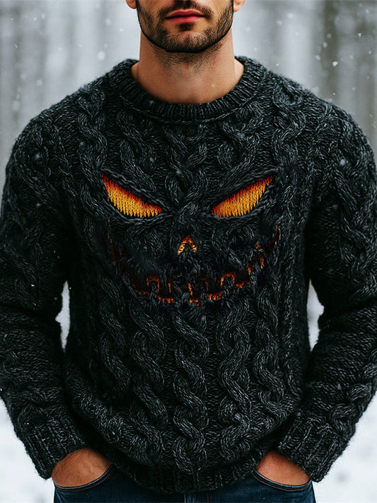 Halloween Evil Pumpkin Emoji Men's Chunky Knit Crewneck Sweater elevenforest