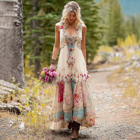 Women's Retro Floral Sleeveless Long Dress artswardrobe