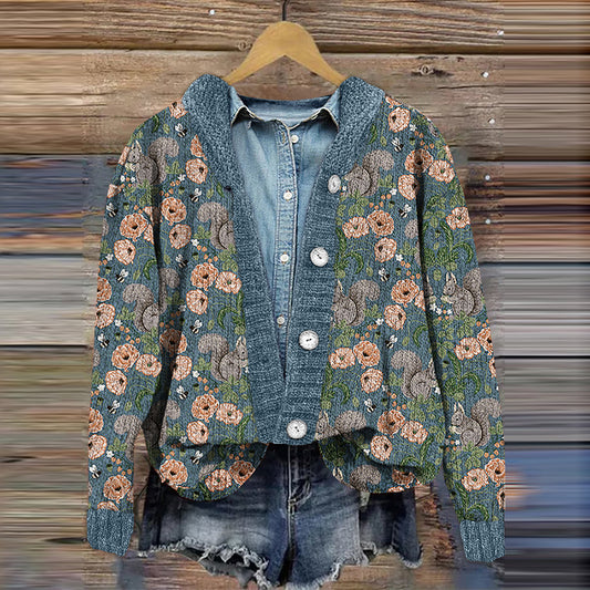 Women's Floral Squirrel Print Cardigan Sweater artswardrobe