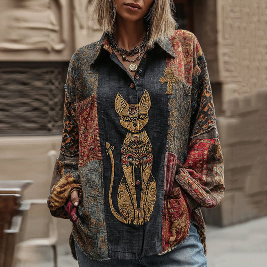 Comstylish Women's Vintage Ancient Egyptian Cat Patchwork Linen Blend Shirt