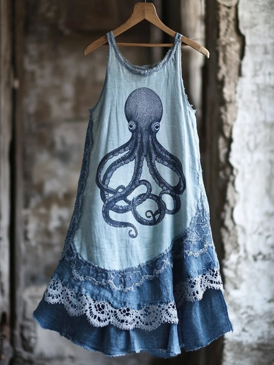 Octopus Pattern Lace Patchwork Linen Blend Dress artswardrobe
