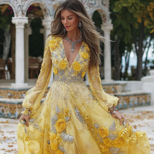 Comstylish Women's Vintage Three-dimensional Yellow Rose V-neck Long-sleeved Dress