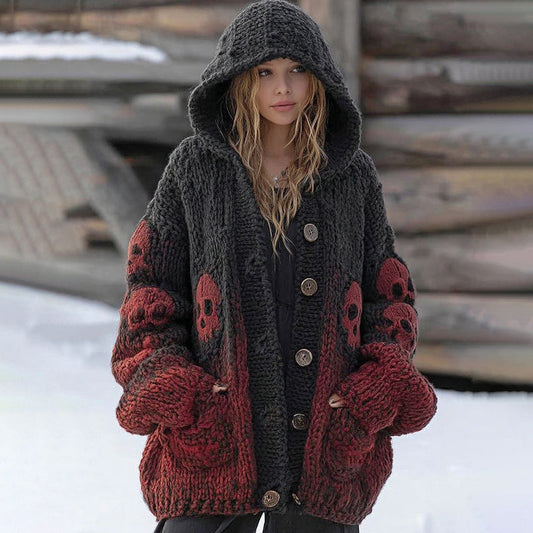Women's Vintage Viking Tribal Celtic Skull Gradient Art Chunky Knit Hooded Cardigan elevenforest