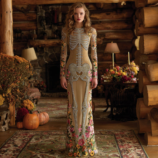 Comstylish Vintage Mexican Day Of The Dead Skeleton Bones Embroidery Flowers Cozy Velvet Maxi Dress