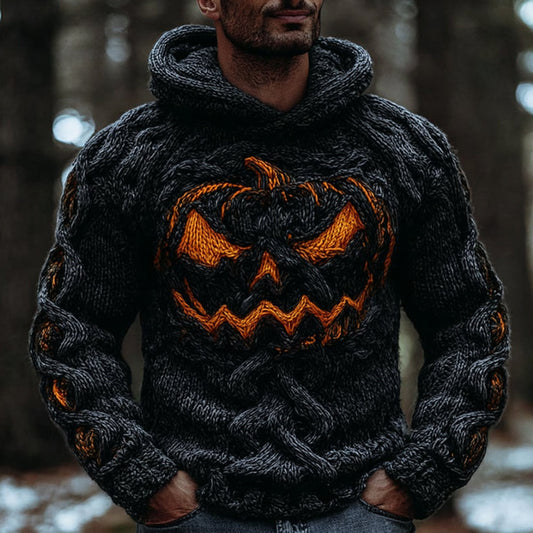 Men's Halloween Pumpkin Smiley Face Bright Color Knitted Pattern Hooded Sweater elevenforest