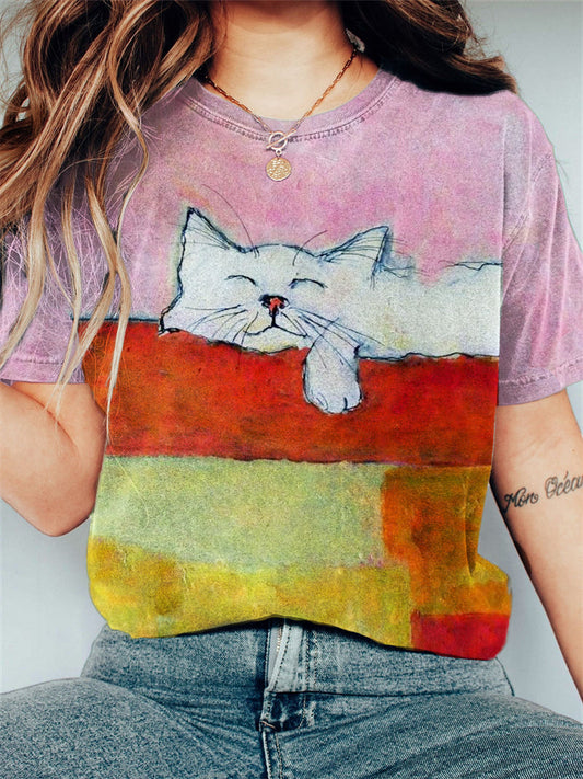Sleeping Cat Watercolor Colorblock T Shirt elevenforest