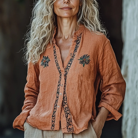 Bohemian Linen Floral Art Print Long Sleeve Loose  Shirt artswardrobe