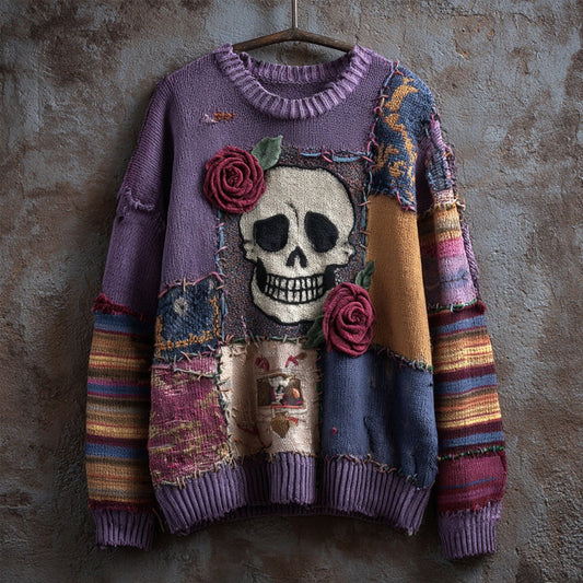 Vintage Skull & Roses Embroidered Patchwork Knitted Sweater elevenforest