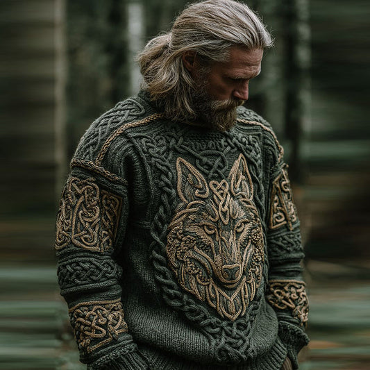 Men's Vintage Viking Wolf Pattern Cozy Knit Pullover Sweater elevenforest