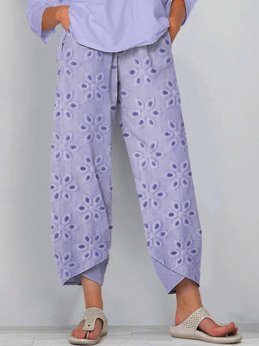 Floral Embroidered Linen Blend Pants artswardrobe