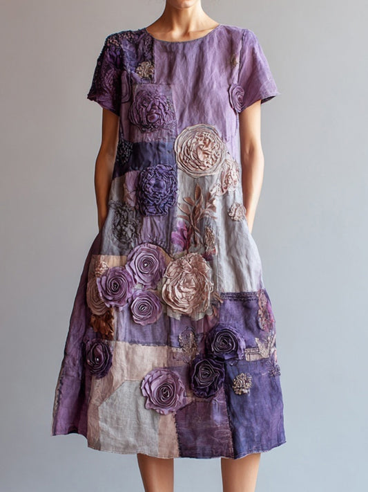 Vintage Purple Roses Embroidered Patchwork Linen Midi Dress artswardrobe