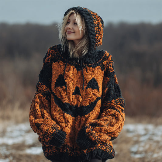 Halloween Spooky Pumpkin Women's Chunky Knit Hooded Sweater artswardrobe