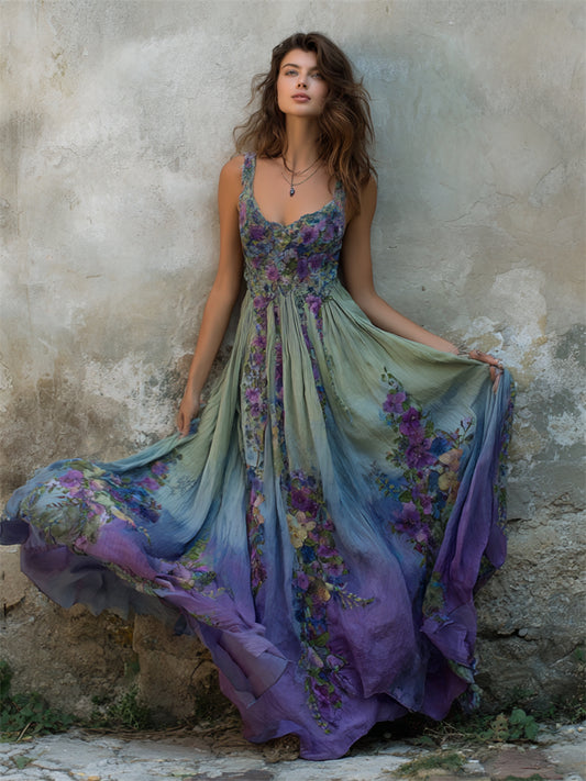 Vintage Floral Embroidered Purple Gradient Flowy Linen Maxi Dress artswardrobe