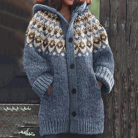 Icelandic Ethnic Pattern Knitted Hooded Cardigan elevenforest