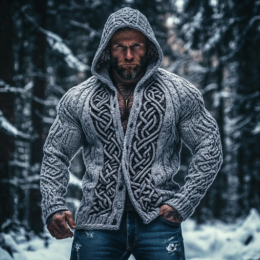 Men's Viking Celtic Mythology Chunky Knit Buttons Hooded Sweater elevenforest
