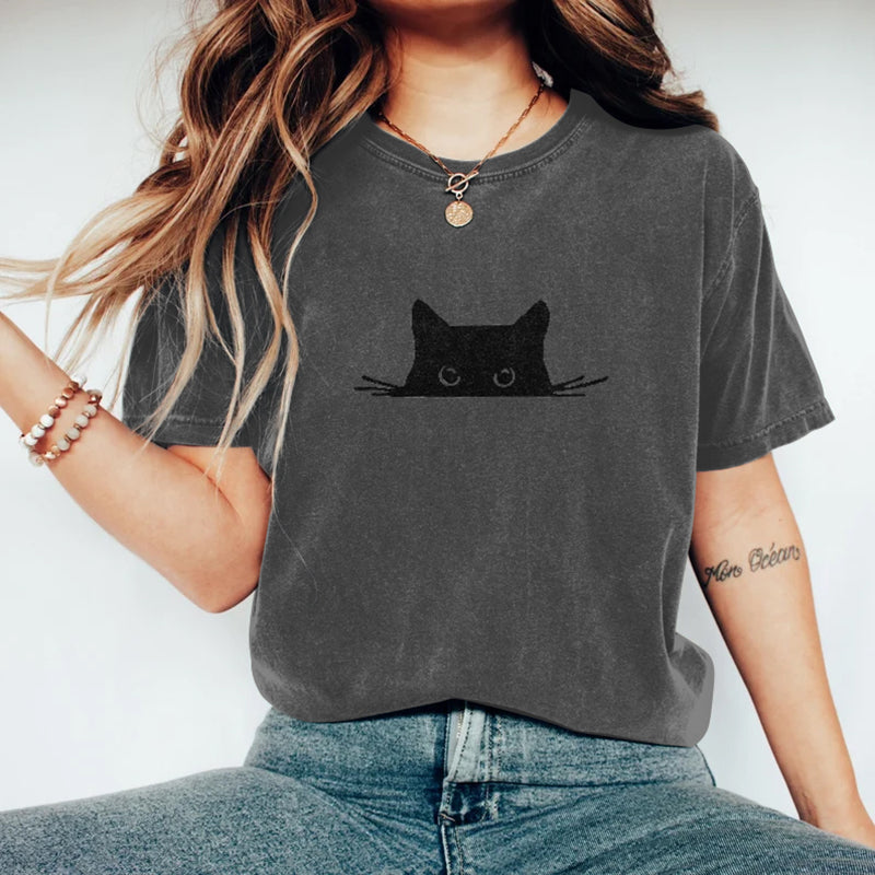 Abstract Creative Embroidered Black Cat Art Print  T-shirt elevenforest