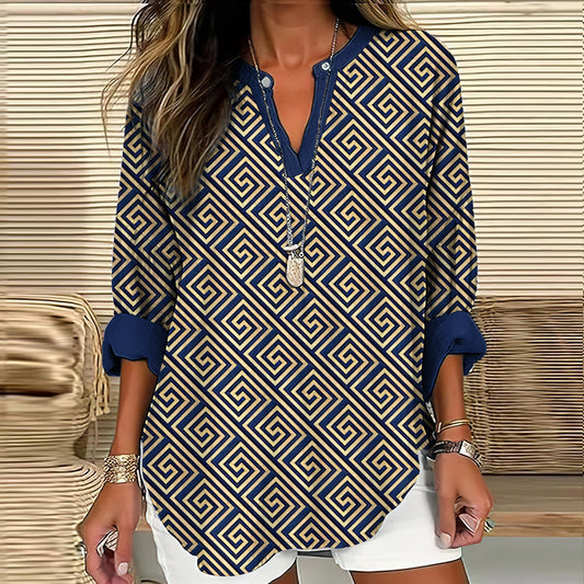Comstylish Vintage Greek Key Print V-neck Long Sleeved Blouse