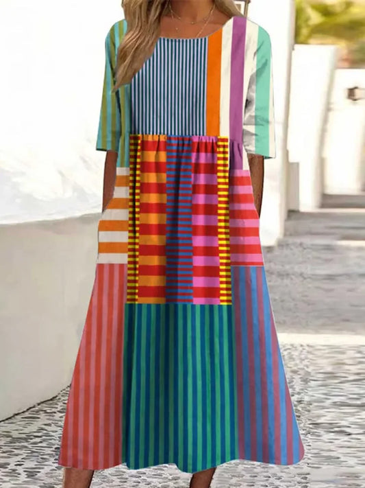 Women's Vintage Geometric Pattern Art Print Cotton Dress artswardrobe