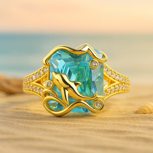 Dolphin Blue Crystal Gold Ring