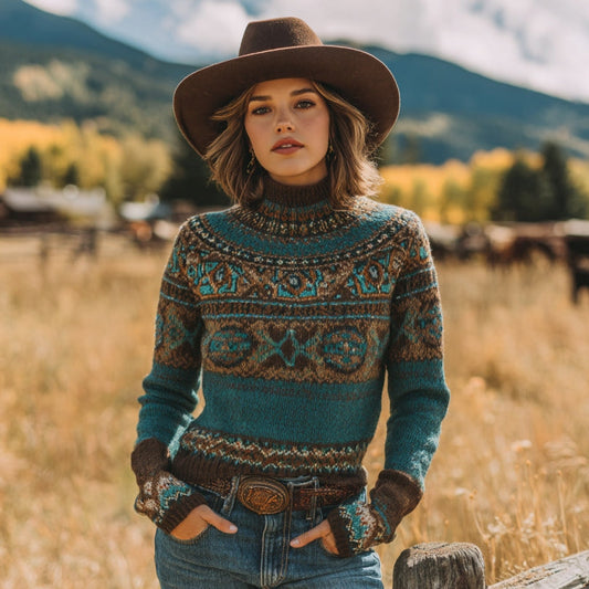 Women's Vintage Western Geometric Art Print Cozy Turtleneck Sweater elevenforest