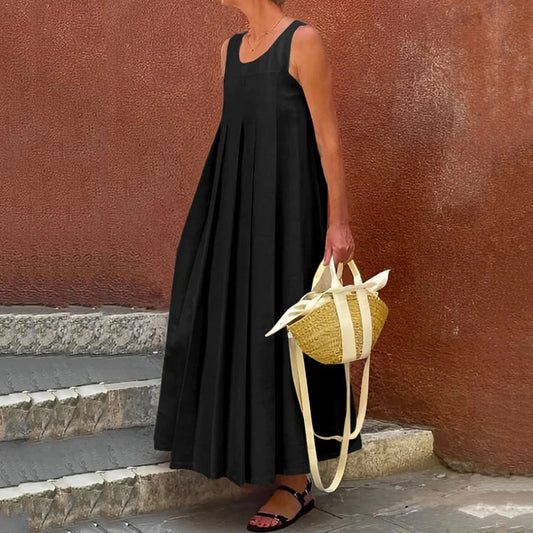 Women's Simple Wrinkled Solid Cotton And Linen Sleeveless Loose Long Dress artswardrobe