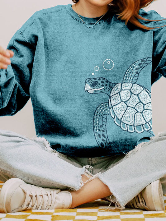 Comstylish Ocean Turtle Embroidery Art Vintage Washed Sweatshirt