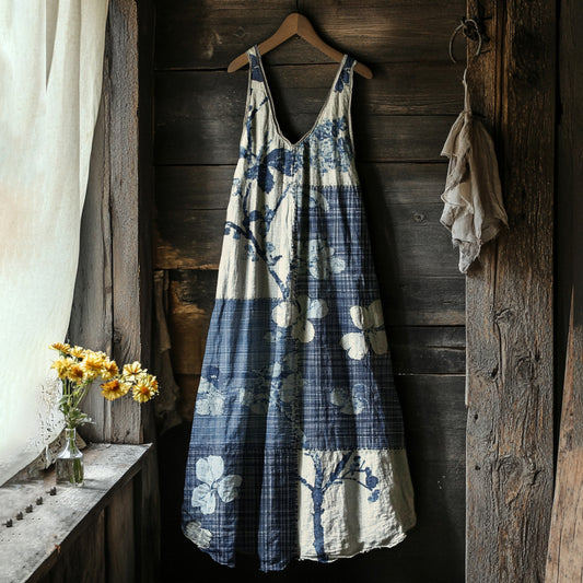 Comstylish Women's Vintage Floral Art Linen Vest Dress
