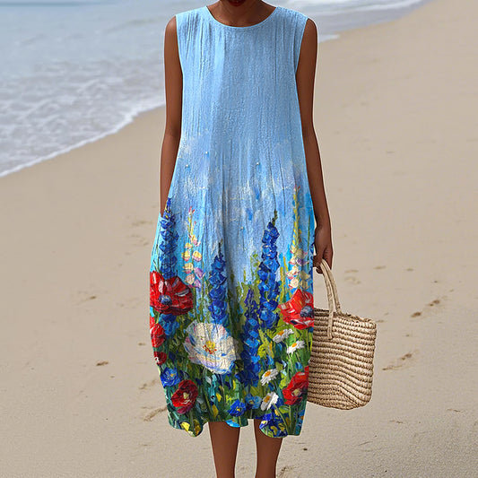 Women's Independence Day Vintage Oil Painting Flowers Print Midi Dress artswardrobe