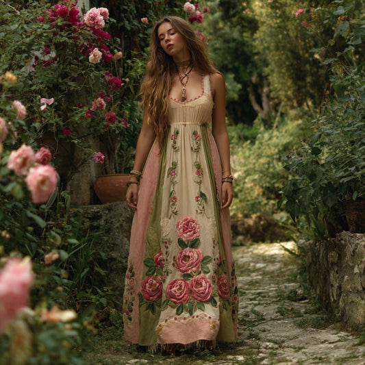 Women Vintage Floral Patch Art V Neck Linen Maxi Dress artswardrobe