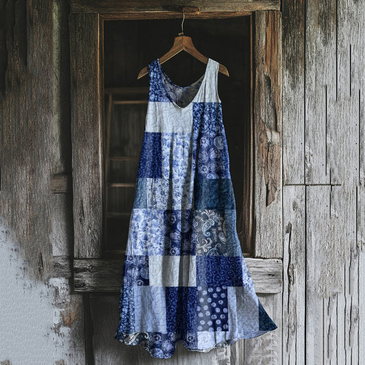 Comstylish Vintage Patchwork Art Linen Tank Dress
