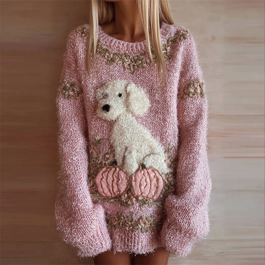 Comstylish Fuzzy Dog & Pink Pumpkins Cozy Knit Sweayer