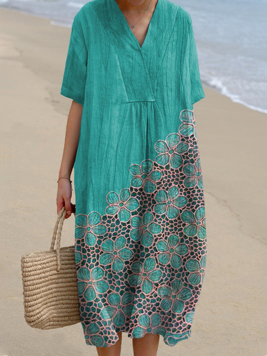 Lace Floral Pattern Linen Blend Dress artswardrobe