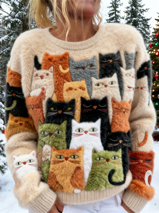 Comstylish Cute Cat Pattern Women's Soft Plush Sweater