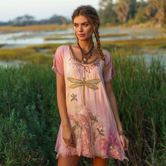 Boho Dragonfly & Dandelion Embroidered Women's Mini Dress artswardrobe