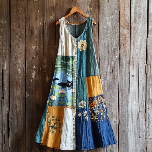 Women's Retro Black Cat And Floral Patch Work Art Sleeveless Maxi Dress elevenforest