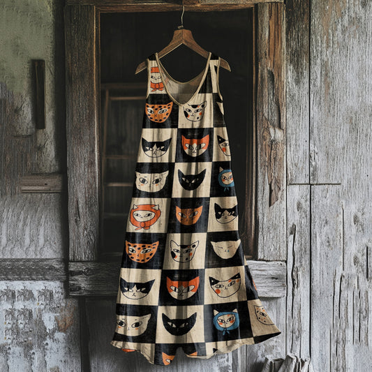 Women's Retro Funny Cat Art Print Sleeveless Dress artswardrobe