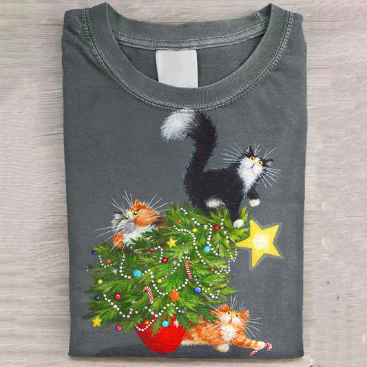 Comstylish Women's Christmas Cat Art Print Short Sleeve T-shirt