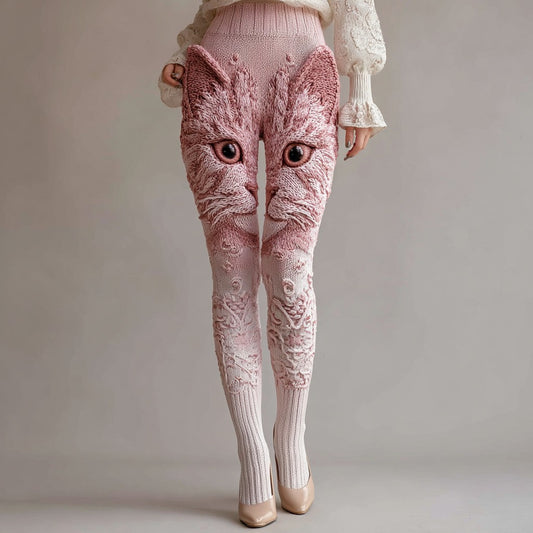 Comstylish Cute Cat Face Embroidered Cozy Knit Leggings