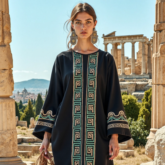 Vintage Greek Key Crew Neck Cotton Blend Mixi Dress artswardrobe