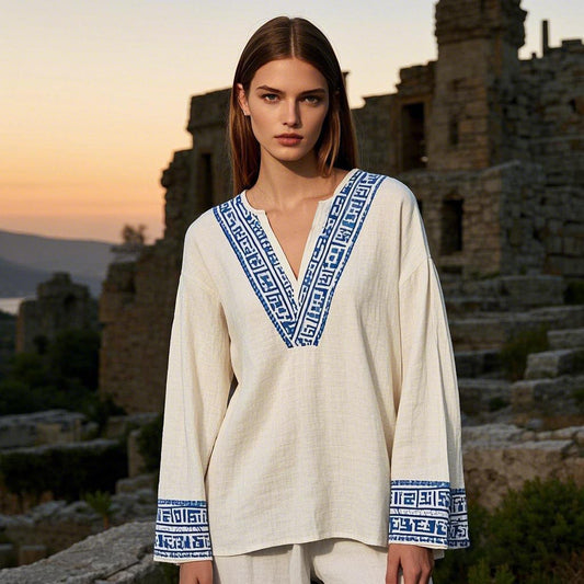 Women's Greek Geometric Art  V-neck Linen Blend Blouse artswardrobe