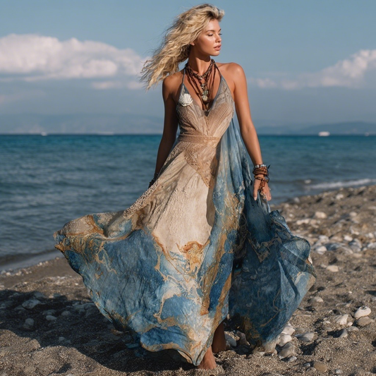 Vintage Marble Texture Collection Retro Bohemia Inspired By The Ocean Pattern Linen Maxi Dress artswardrobe