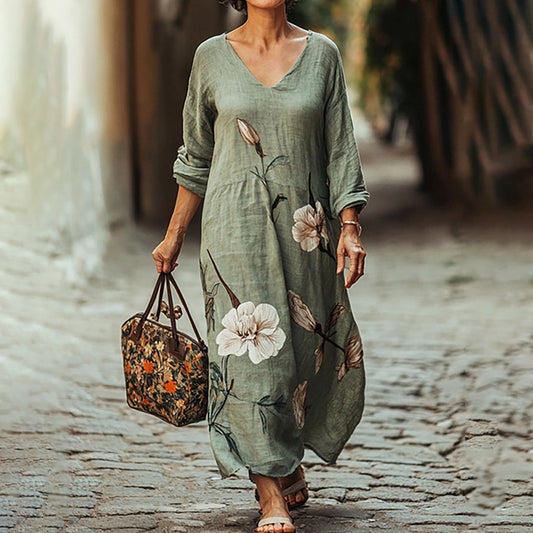 Comstylish Women's Floral Print V-neck Loose Midi Dress