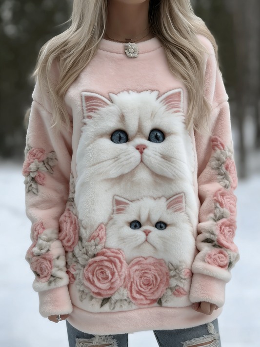 Comstylish Vintage Cute Fat Cat Face With Roses Art Embroidered Art Flannel Warm Sweatshirt