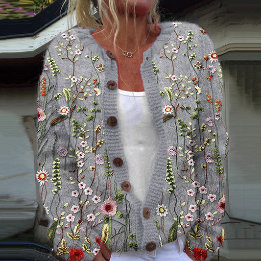 Floral Embroidery Pattern Buttoned Cardigan Sweater artswardrobe