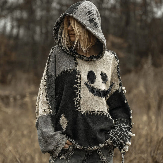 Halloween Spooky Face Patchwork Stitched Cozy Knit Hooded elevenforest
