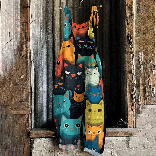 Colorful Cat Print Women's Overalls elevenforest