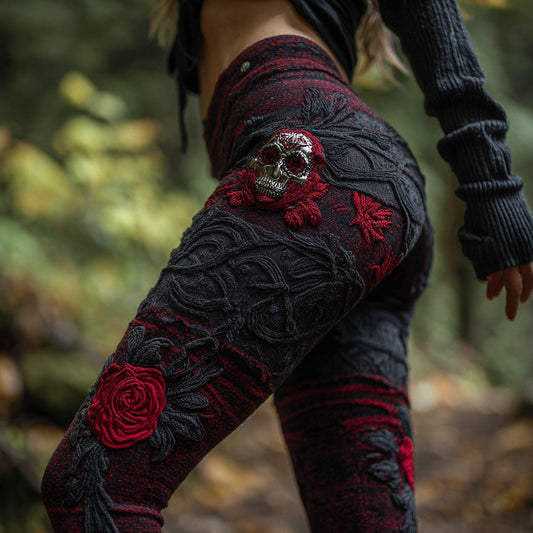 Women's Vintage Sugar Skull And Rose Pattern Comfortable Leggings elevenforest
