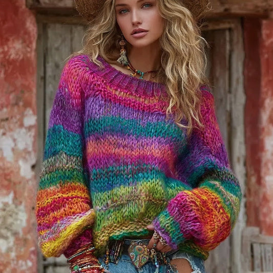 Women's Vintage Rainbow Stripes Knit Pullover Sweater elevenforest