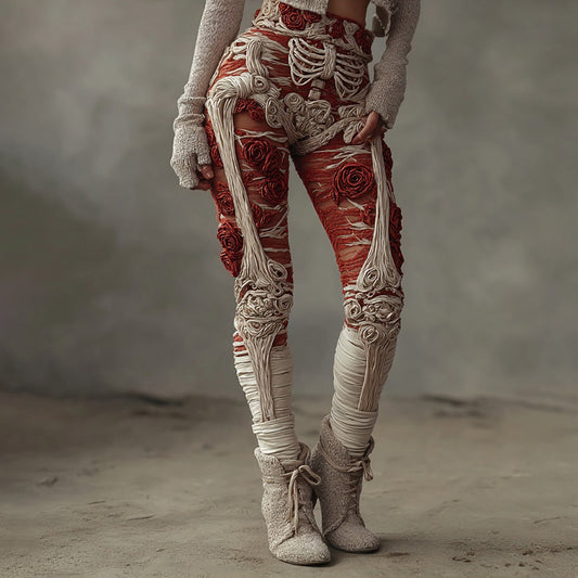 Comstylish Women's Halloween Red Rose Skull Casual Leggings