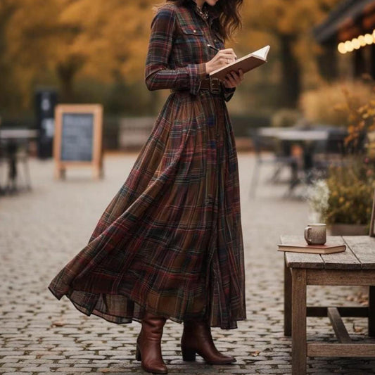 Vintage Plaid Inspired  Belted Cottagecore Autumn Winter Long Sleeve Button-up Shirt Maxi Dress artswardrobe